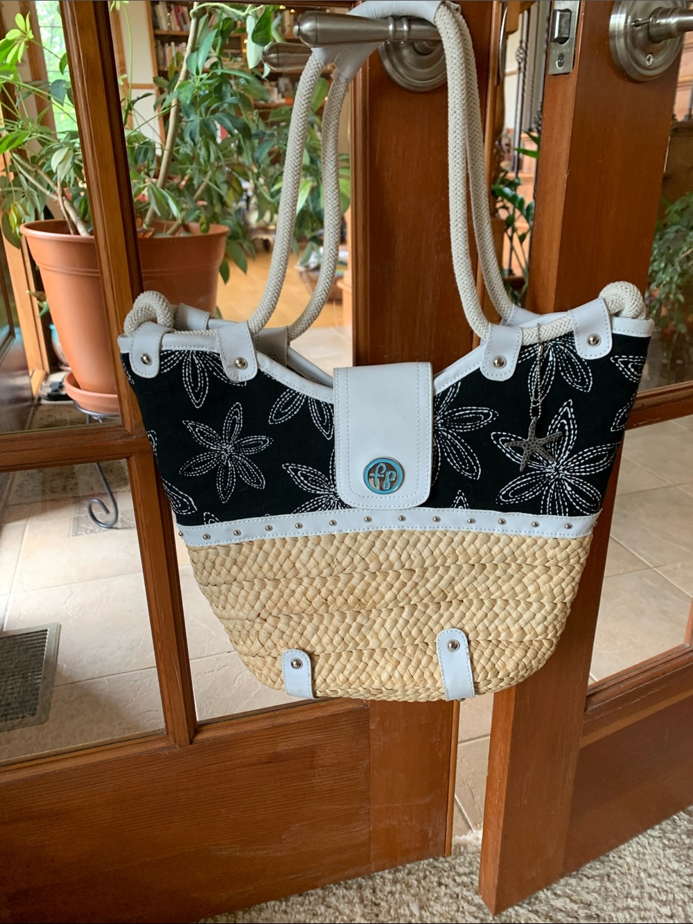 fresh produce Black & Natural Straw Tote with White Trim
